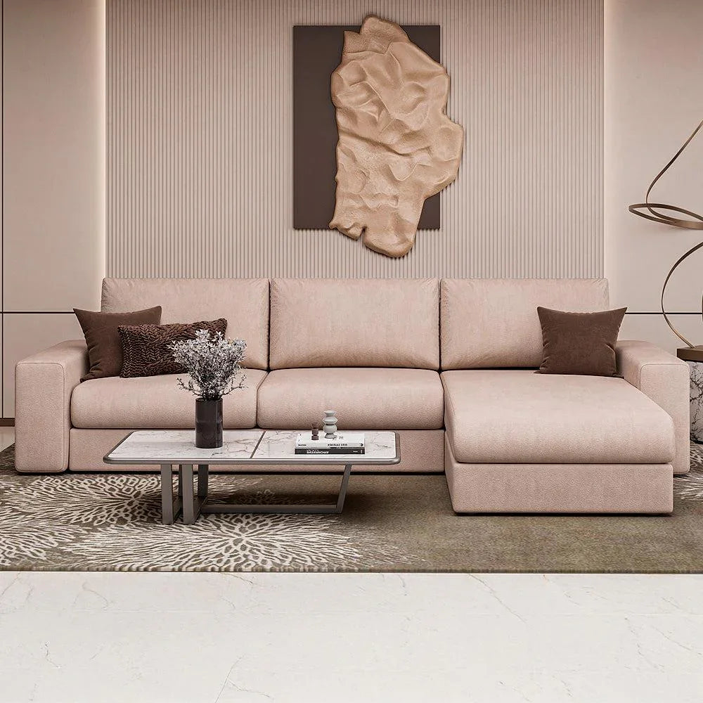 Alhome L-Shaped Sofa – Beige Linen - Swedish Wood 260x170x85x90 cm