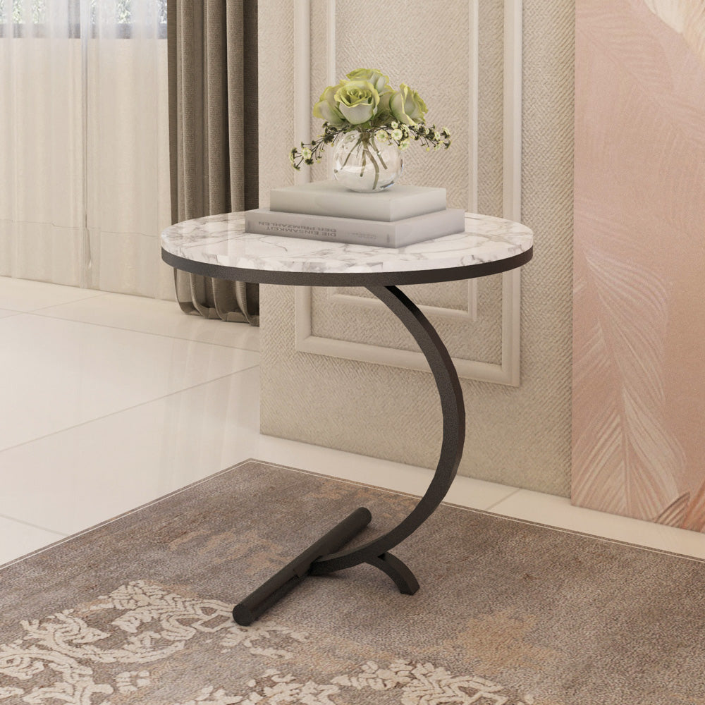 Alhome Iron With Marbel Wood Side Table - 35x55x55 cm - White