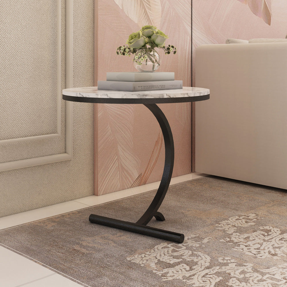 Alhome Iron With Marbel Wood Side Table - 35x55x55 cm - White