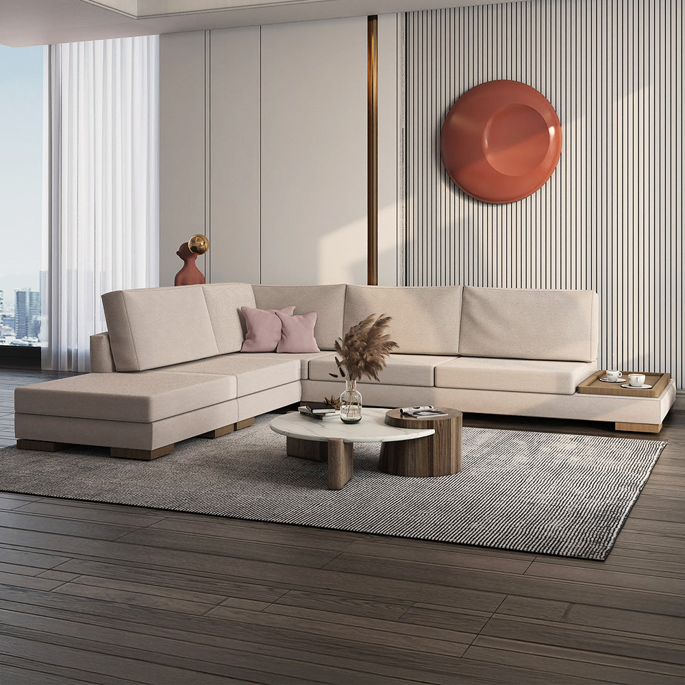 كنبة زاوية  من الكتان والخشب السويدي - 350x85x85 سم - بيج