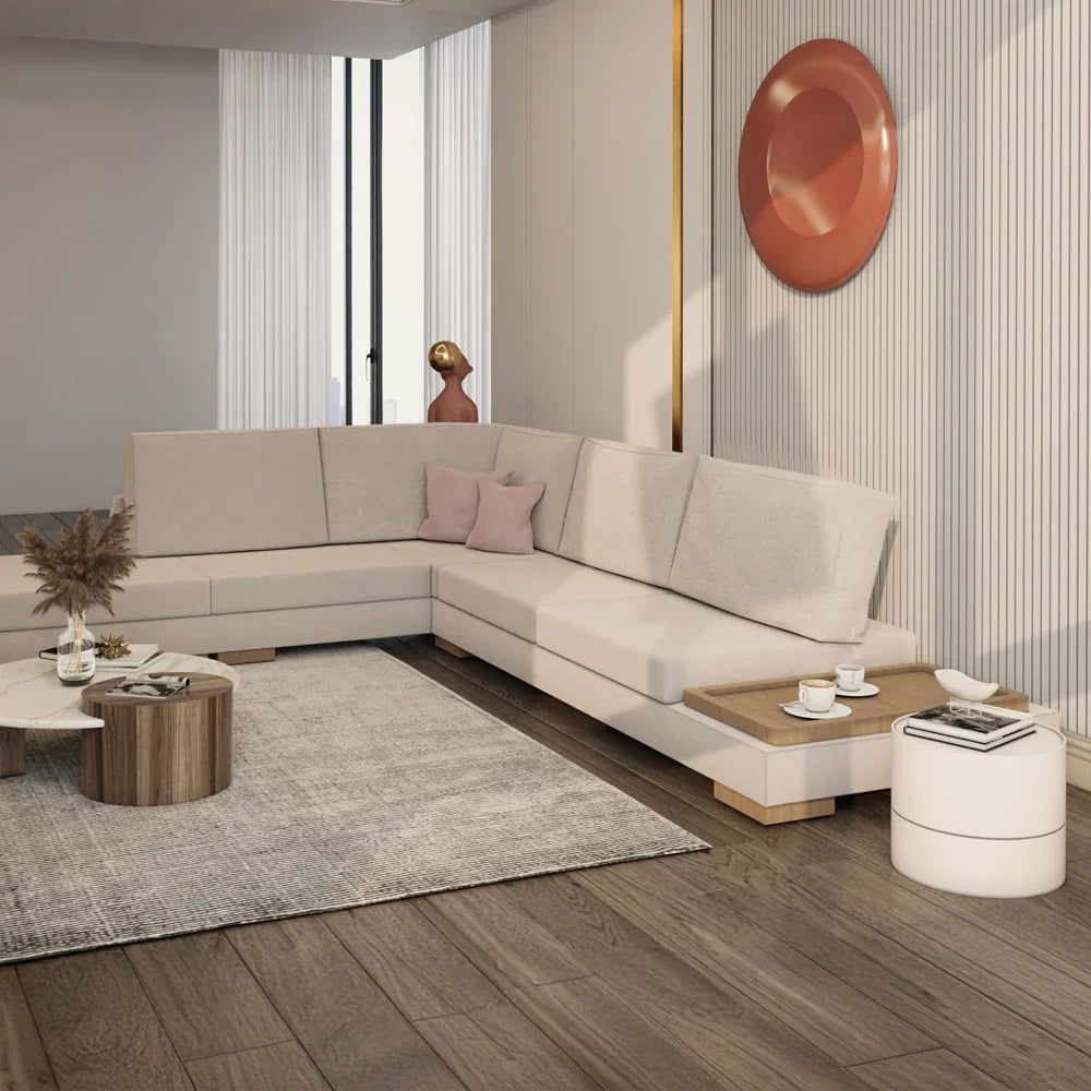 Swedish Wood & Linen L-Shape Sofa by Alhome - Beige