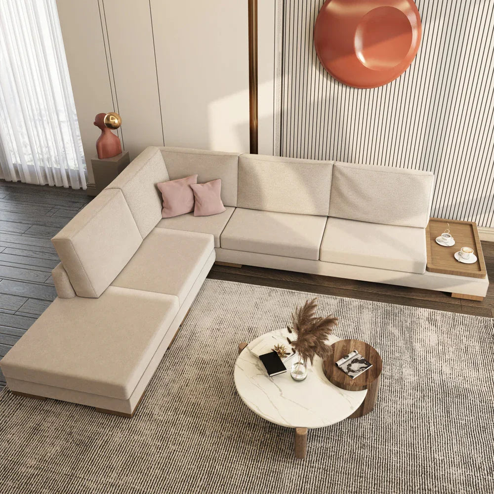 Swedish Wood & Linen L-Shape Sofa by Alhome - Beige