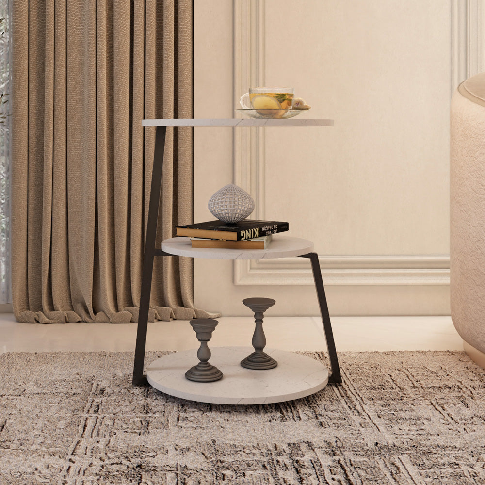 Alhome Iron and Marble Wood Side Table - 40x60 cm - Black and White