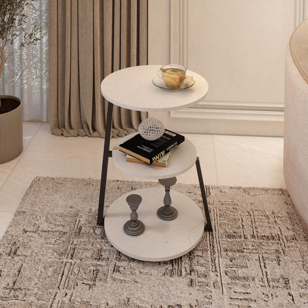 Alhome Iron and Marble Wood Side Table - 40x60 cm - Black and White