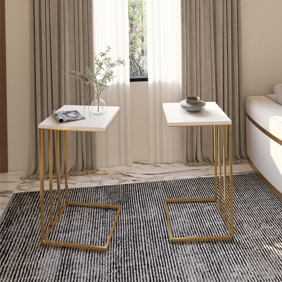 الهوم طقم طاولات جانبية – 2 قطعة – ذهبي وأبيض 