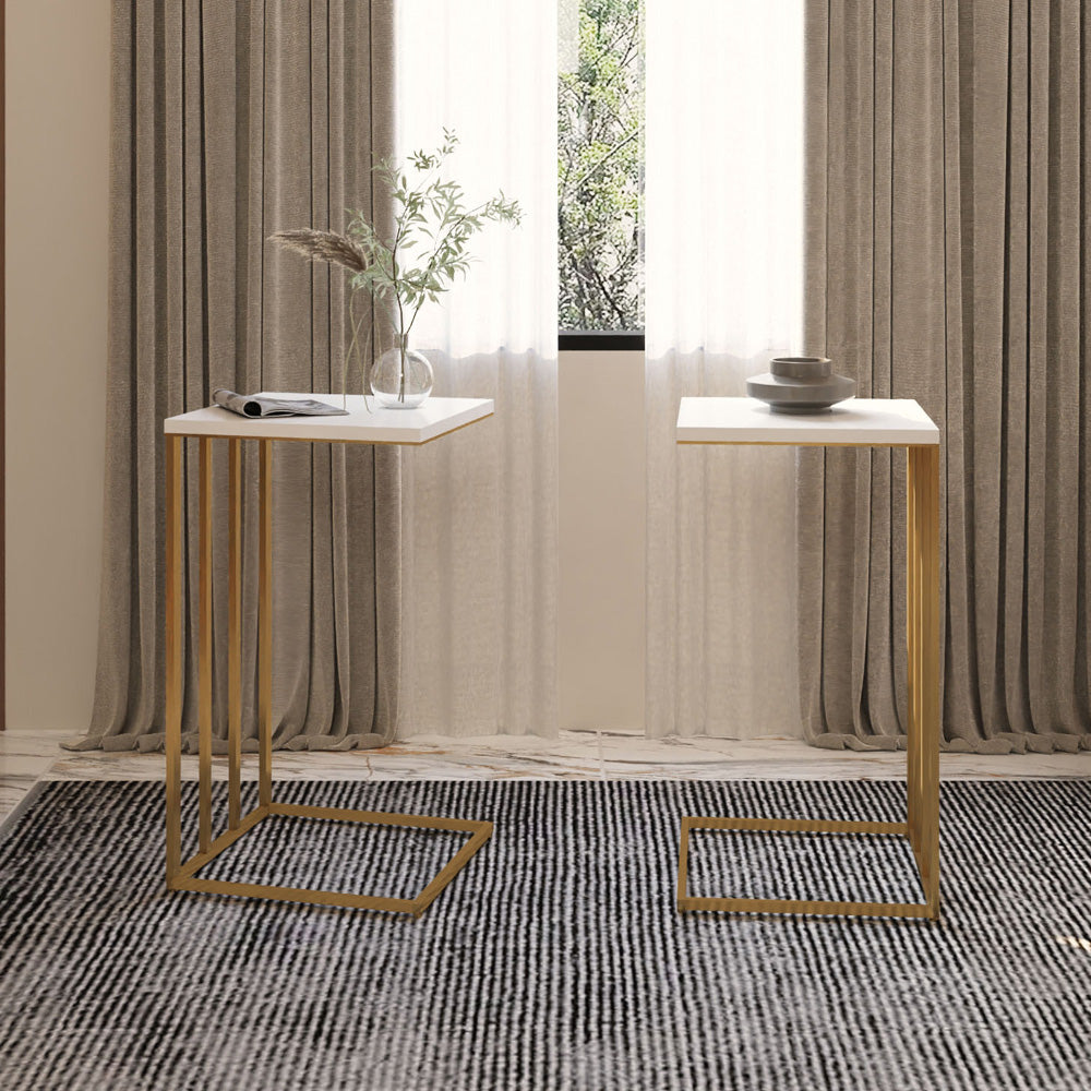 Alhome Side Tables Set - 2 Pieces - Gold and White