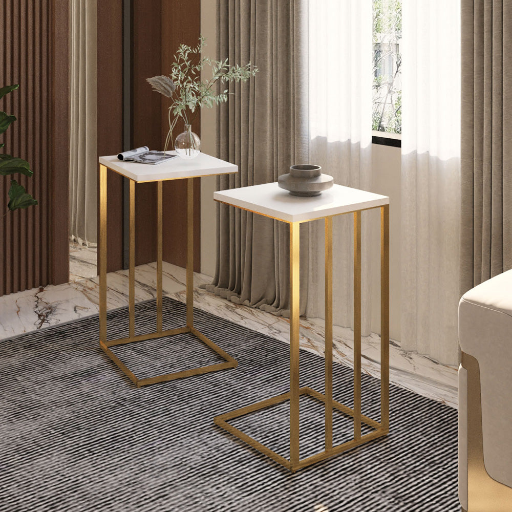 Alhome Side Tables Set - 2 Pieces - Gold and White