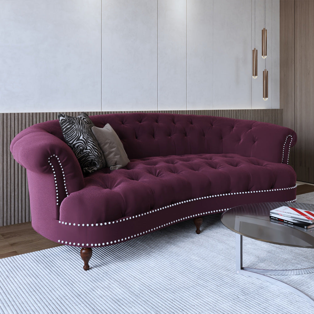 Velvet & Swedish Wood 3-Seater Sofa by Alhome - 215x100x80 cm - Burgundy
