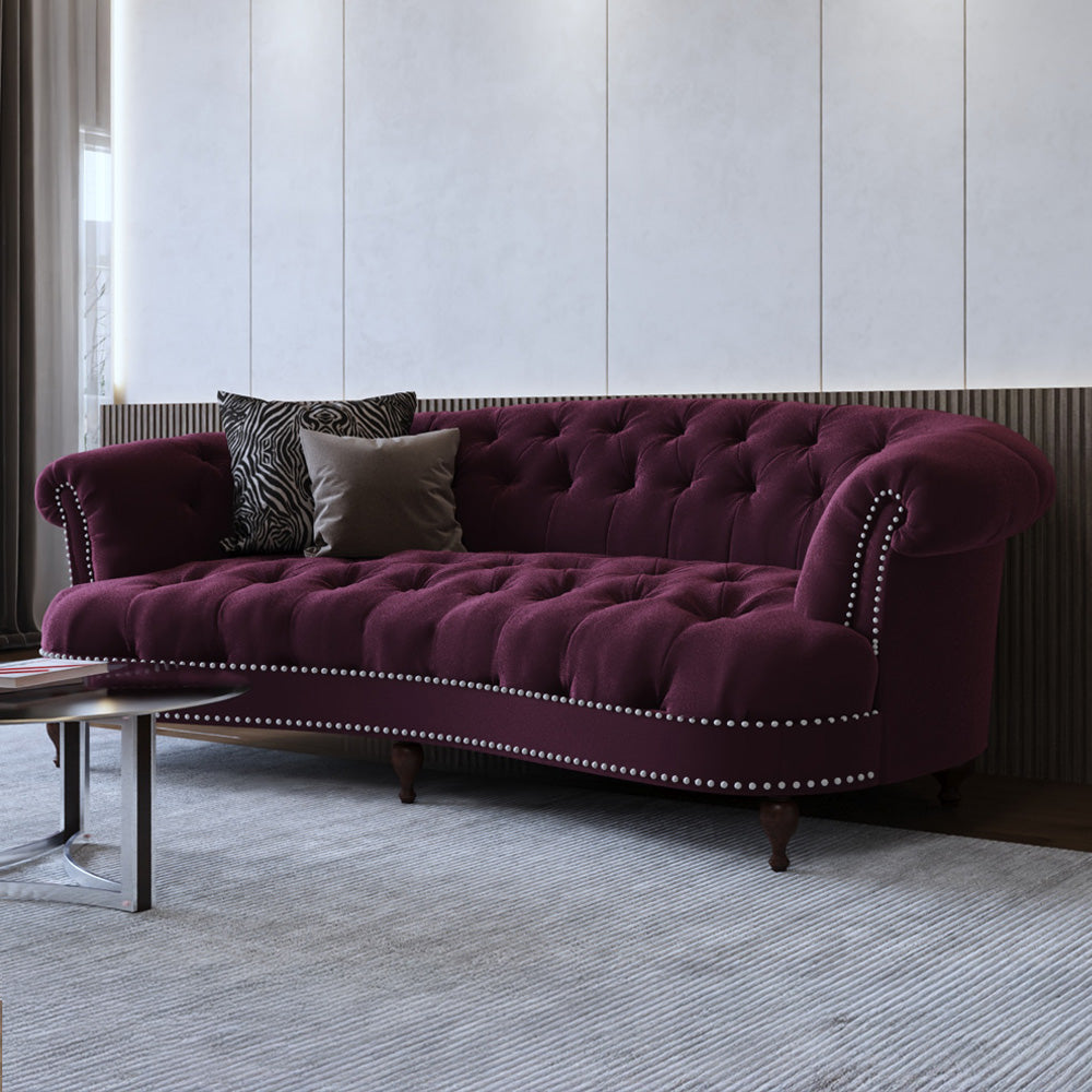 Velvet & Swedish Wood 3-Seater Sofa by Alhome - 215x100x80 cm - Burgundy