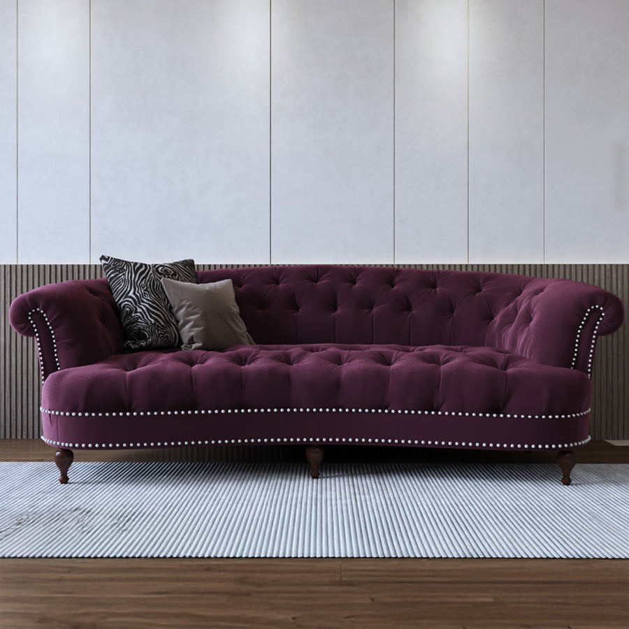 كنبة ثلاث مقاعد من الهوم من المخمل والخشب السويدي - 215x100x80 سم - برغندي