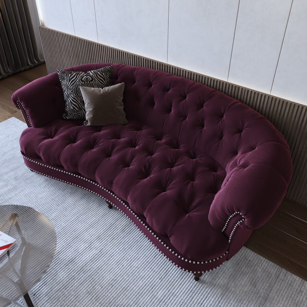Velvet & Swedish Wood 3-Seater Sofa by Alhome - 215x100x80 cm - Burgundy