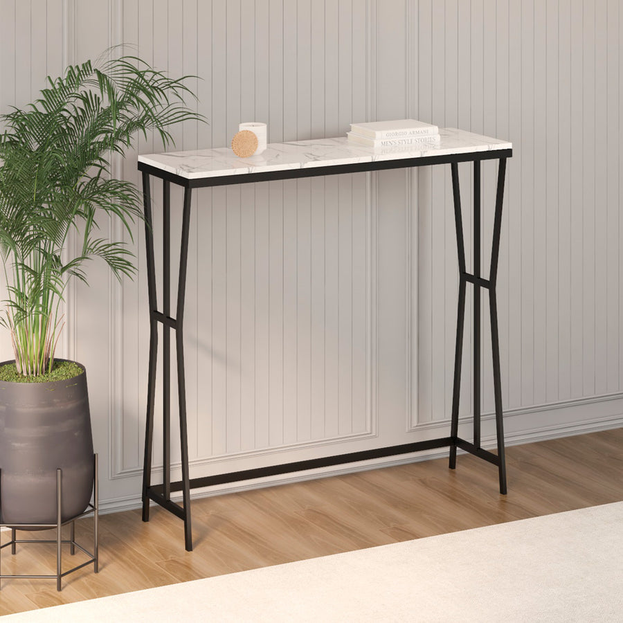 الهوم طاولة حديد وخشب رخامي  - 100x30x100 سم - أبيض وأسود