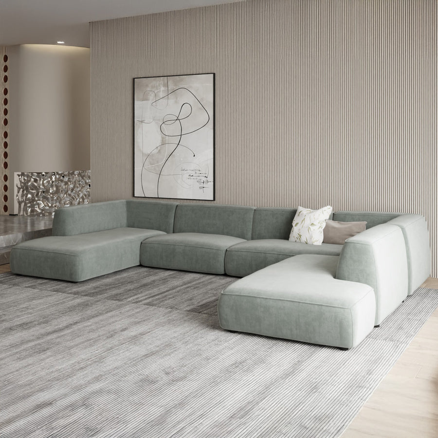 Swedish Wood And Linen Elegant U-Shaped Sofa - 300x160x200x75 cm - Green By Alhome - AL-475