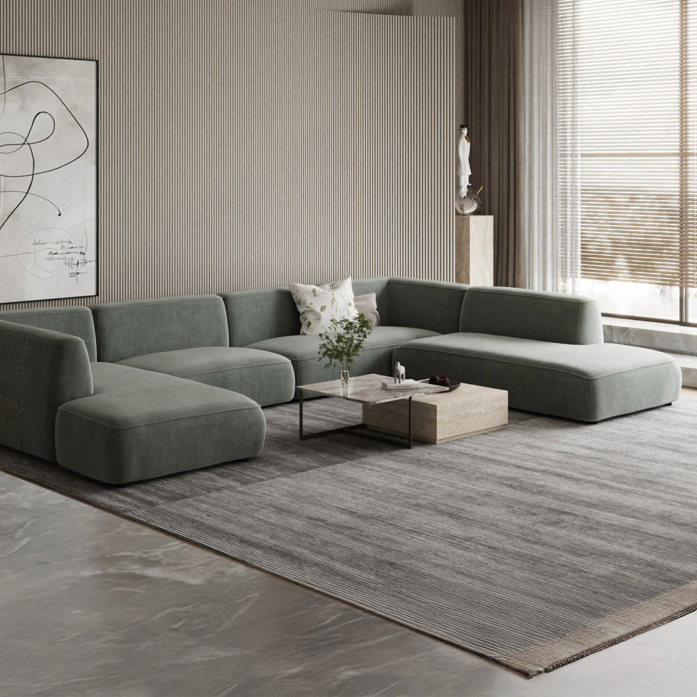 Swedish Wood And Linen Elegant U-Shaped Sofa - 350x160x200x75 cm - Green By Alhome - AL-475