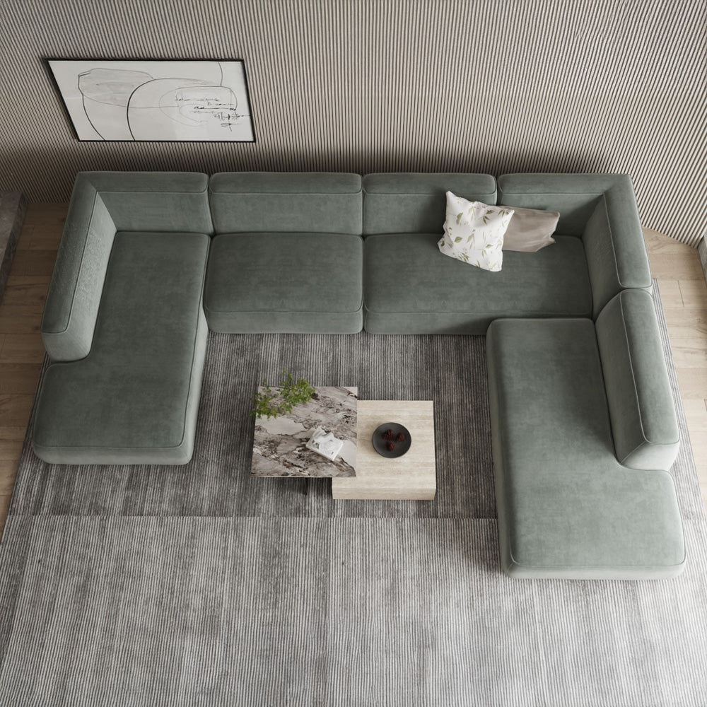 Swedish Wood And Linen Elegant U-Shaped Sofa - 350x160x200x75 cm - Green By Alhome - AL-475