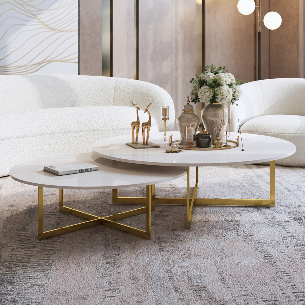 الهوم طقم طاولة وسط أنيق - مكون من قطعتين - الأبيض وذهبي - AL-51
