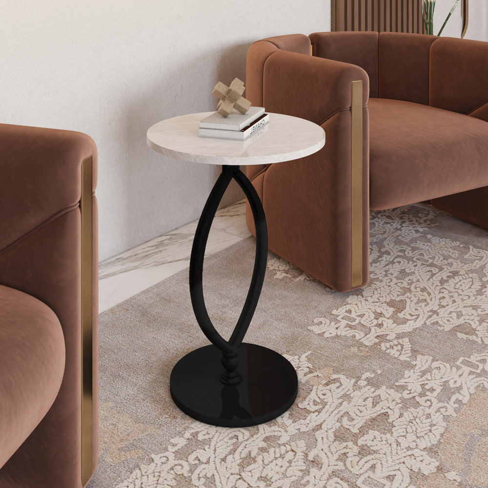 طاولة جانبية مودرن  بتصميم رخامي ومن المعدن - 55×35 سم - أبيض وأسود