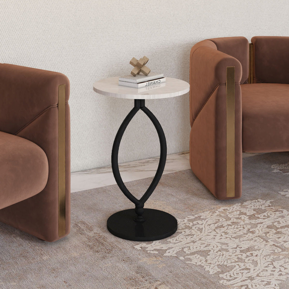 طاولة جانبية مودرن  بتصميم رخامي ومن المعدن - 55×35 سم - أبيض وأسود