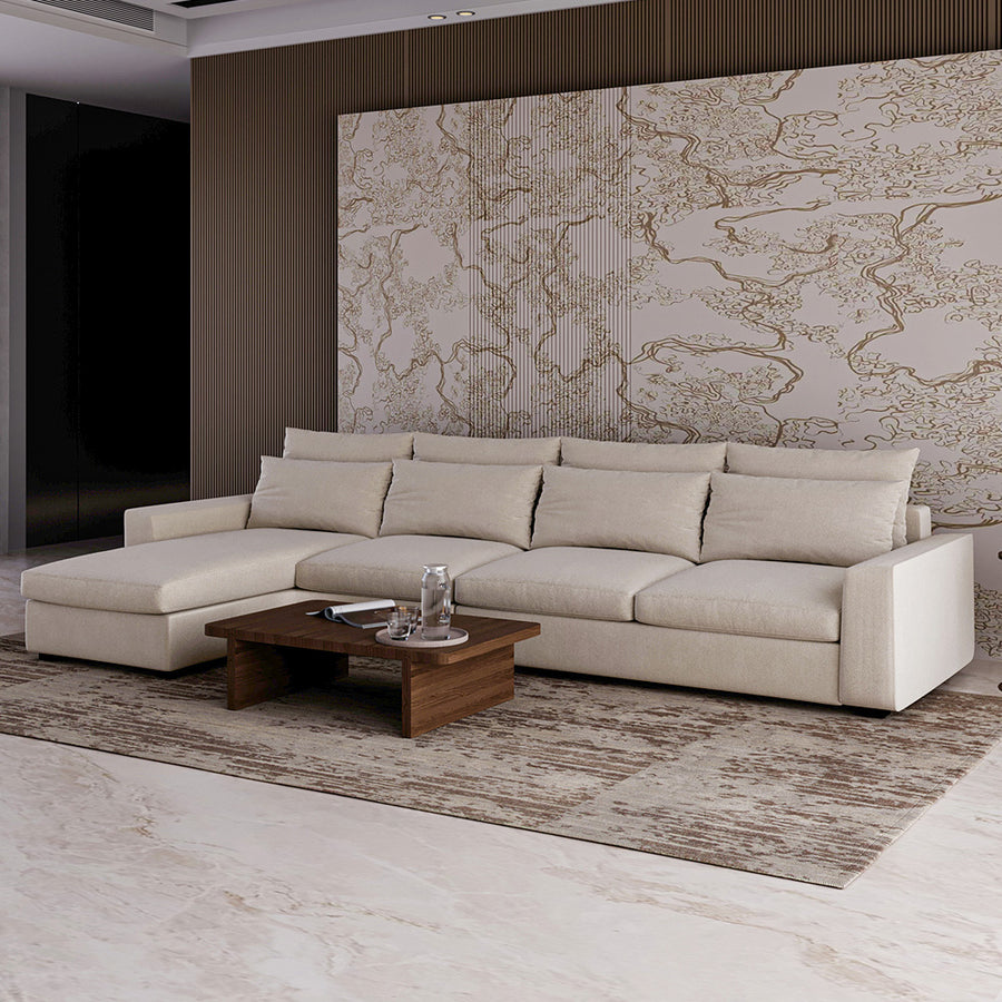 كنبة زاوية من الهوم من الكتان والخشب السويدي - 80x170x95x340 cm- أوف وايت