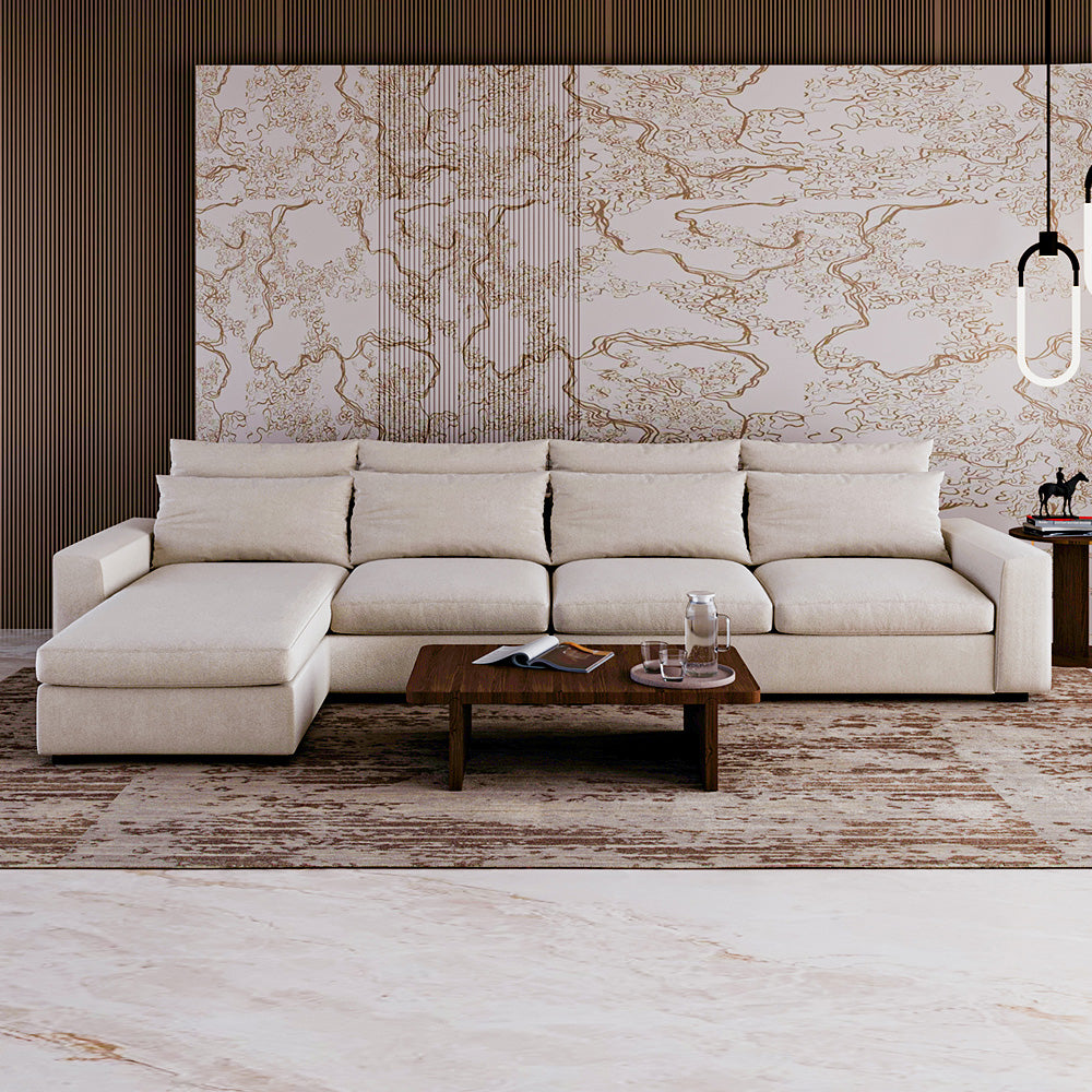 كنبة زاوية  من الكتان والخشب السويدي - 80x170x95x340 cm- أوف وايت