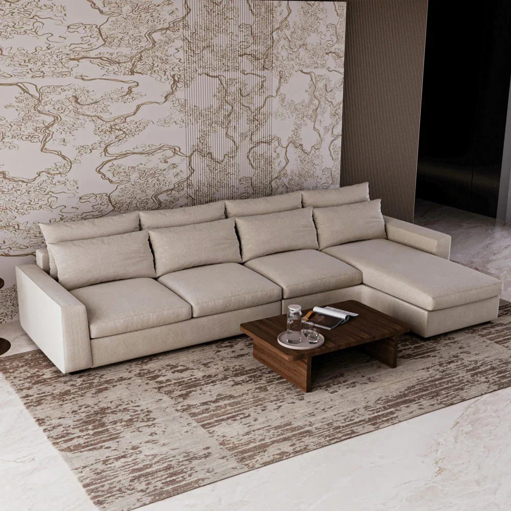 كنبة زاوية  من الكتان والخشب السويدي - 80x170x95x340 cm- أوف وايت