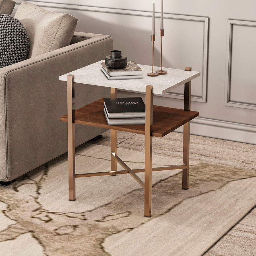 طاولة جانبية فاخرة من الحديد والخشب مصنع - 40×40×50 سم - أبيض وبني وذهبي من الهوم - AL-87