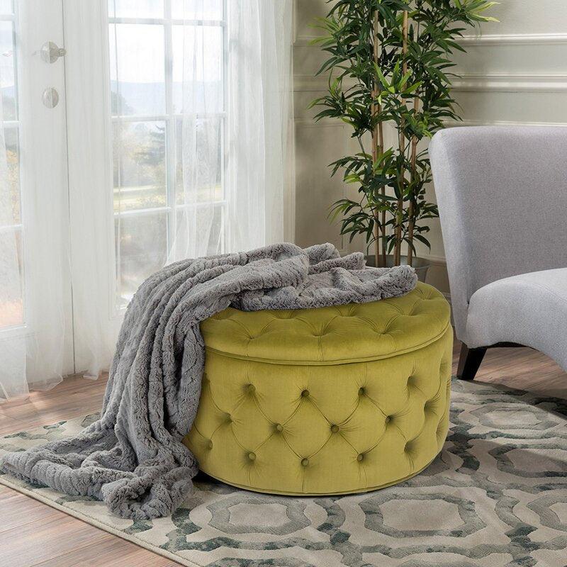 Alhome Velvet Green Pouf Malaysian Wood, Velvet Fabric, Green Color (70x70x40) - ALHOME