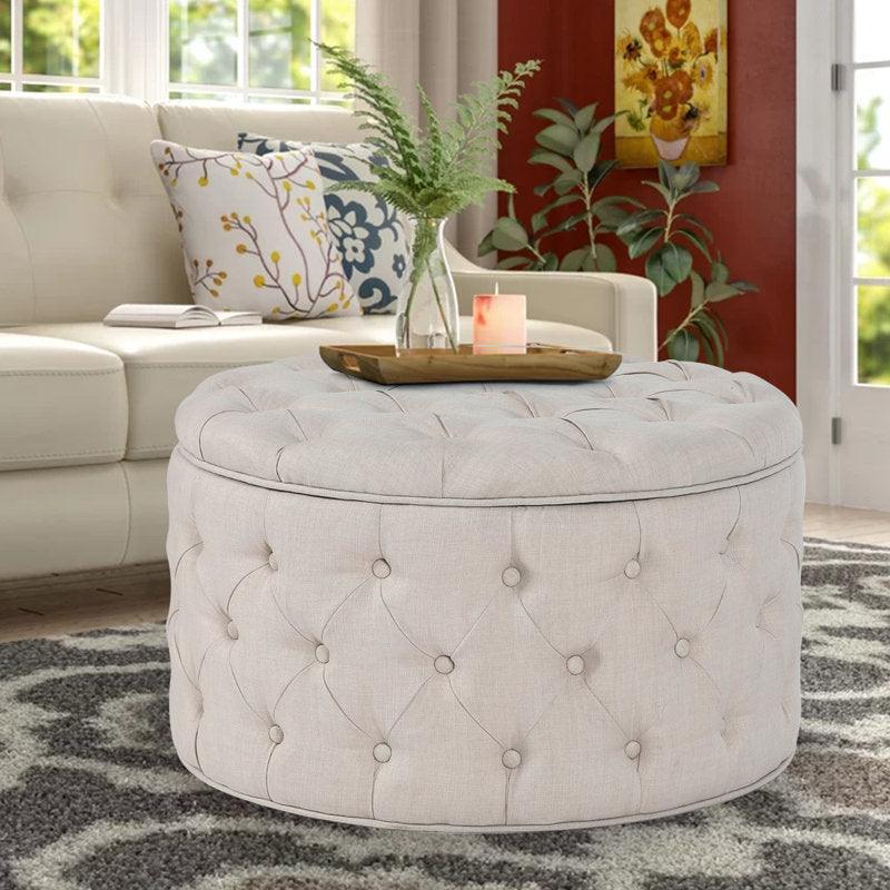 Alhome Linen Beige Pouf Malaysian Wood, Linen Fabric, Beige Color (70x70x40) - ALHOME