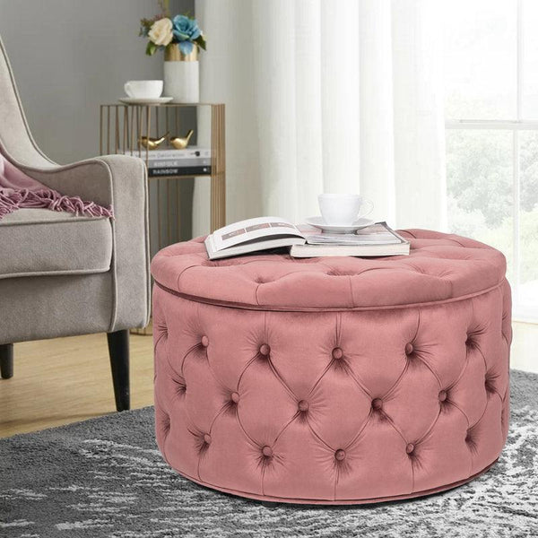 Alhome Velvet Pink Pouf Malaysian Wood, Velvet Fabric, Pink Color (70x70x40) - ALHOME