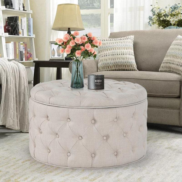 Alhome Linen Beige Pouf Malaysian Wood, Linen Fabric, Beige Color (70x70x40) - ALHOME