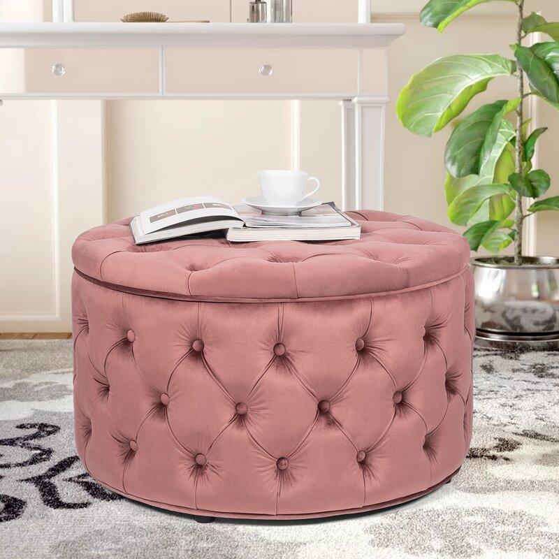 Alhome Velvet Pink Pouf Malaysian Wood, Velvet Fabric, Pink Color (70x70x40) - ALHOME