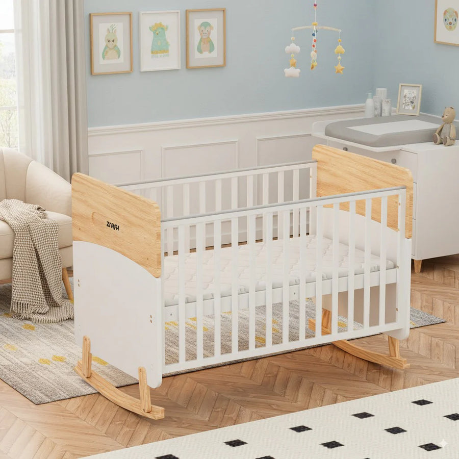 سرير أطفال خشبي قابل للتحويل إلى سرير للأطفال الصغار مع ناموسية، أبيض/لوزي - WBB910-1