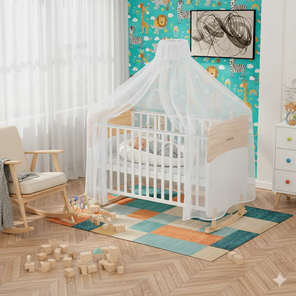 Wooden Convertible Baby Crib to Toddler Bed with Mosquito Net, White/Almond - WBB910-1