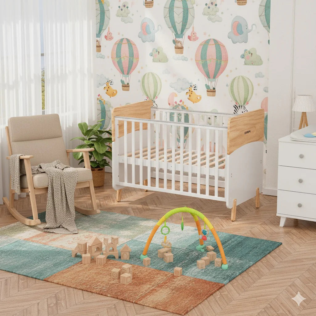 Wooden Convertible Baby Crib to Toddler Bed with Mosquito Net, White/Almond - WBB910-1