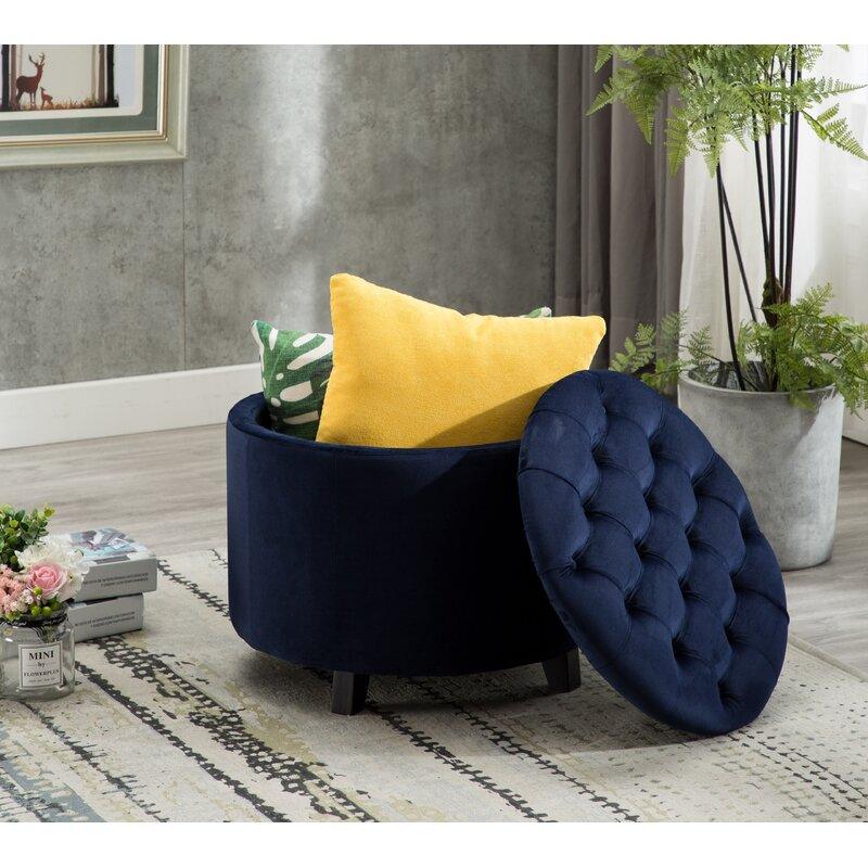 Alhome Velvet Navy Pouf Malaysian Wood, Velvet Fabric, Navy Color (36x36x46) - ALHOME