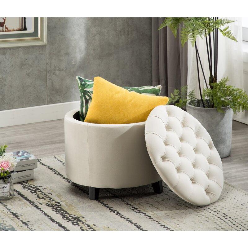 Alhome Velvet Beige Pouf Malaysian Wood, Velvet Fabric, Beige Color (36x36x46) - ALHOME