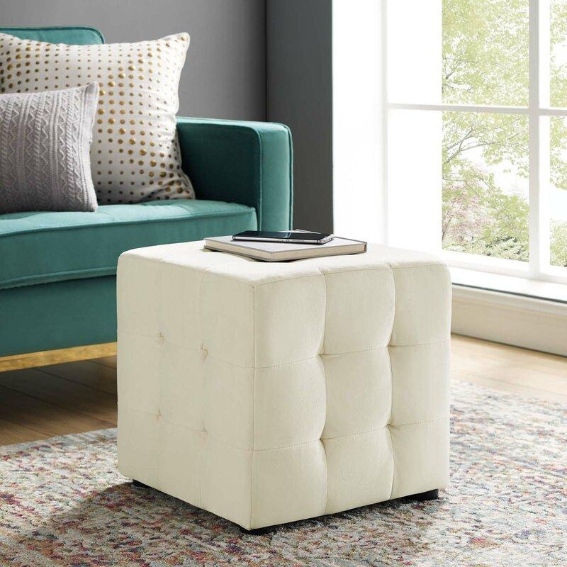 Alhome Velvet Ivory Pouf Malaysian Wood, Velvet Fabric, Ivory Color (40x40x45) - ALHOME