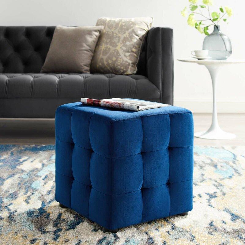 Alhome Velvet Navy Pouf Malaysian Wood, Velvet Fabric, Navy Color (40x40x45) - ALHOME