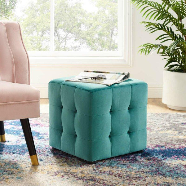 Alhome Velvet Turquoise Pouf Malaysian Wood, Velvet Fabric, Turquoise Color (40x40x45) - ALHOME