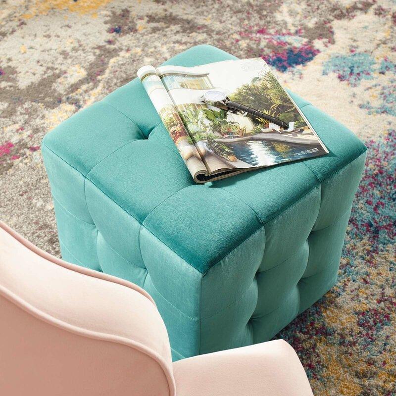 Alhome Velvet Turquoise Pouf Malaysian Wood, Velvet Fabric, Turquoise Color (40x40x45) - ALHOME