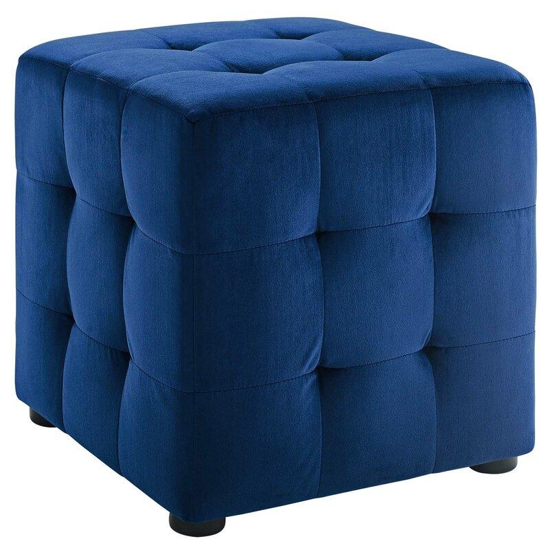 Alhome Velvet Navy Pouf Malaysian Wood, Velvet Fabric, Navy Color (40x40x45) - ALHOME