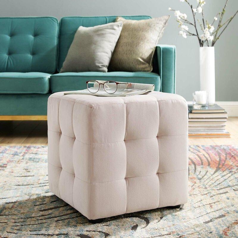 Alhome Velvet Light Pink Pouf Malaysian Wood, Velvet Fabric, Light Pink Color (40x40x45) - ALHOME