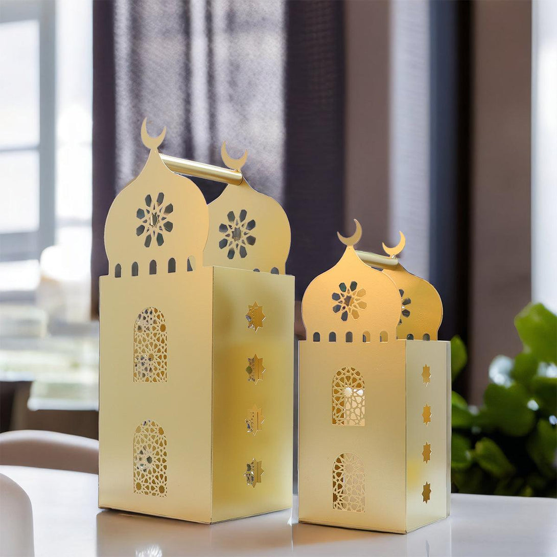 Family Ship A set of two iron Ramadan lanterns with golden lighting - ALHOME