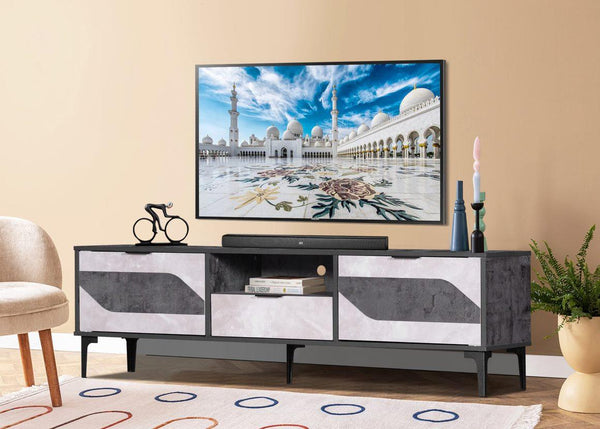 Malaysian wood TV table, dark gray and light gray