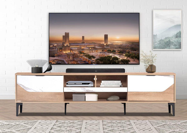 Malaysian wood TV table, beige and white