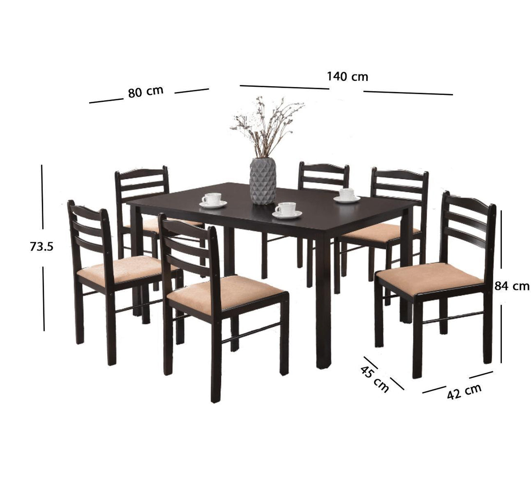 Family Ship Rectangular dining table with 6 chairs, dark brown and beige Malaysian wood - ALHOME