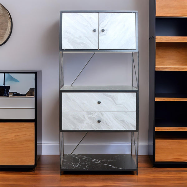 Chest of drawers with two shelves, black and white marble