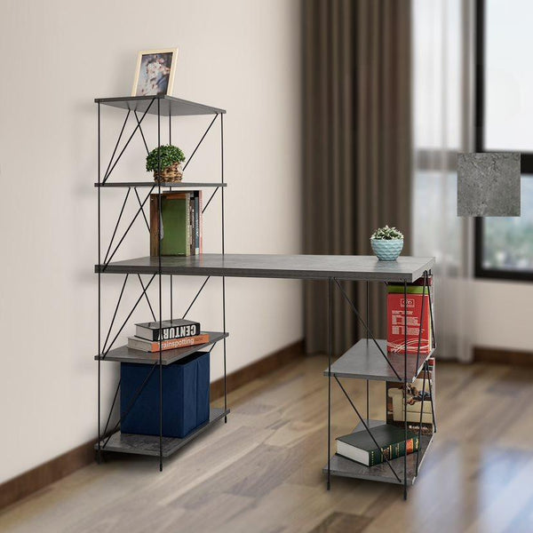 Gray office table with side shelves