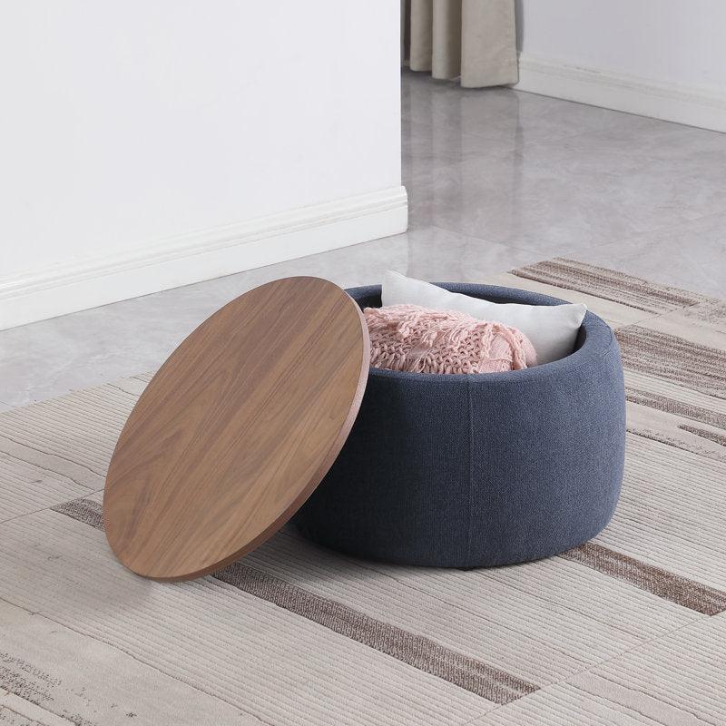 Alhome Linen Navy Pouf Malaysian Wood, Linen Fabric, Navy Color (60x45x45) - ALHOME