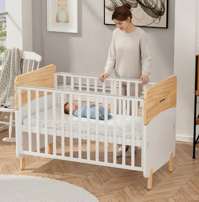 Wooden Convertible Baby Crib to Toddler Bed with Mosquito Net, White/Almond - WBB910-1